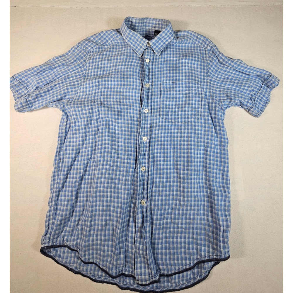Indigo‎ Palms Mens Blue Gingham 100% Linen Short Sleeve Button Up Shirt Large